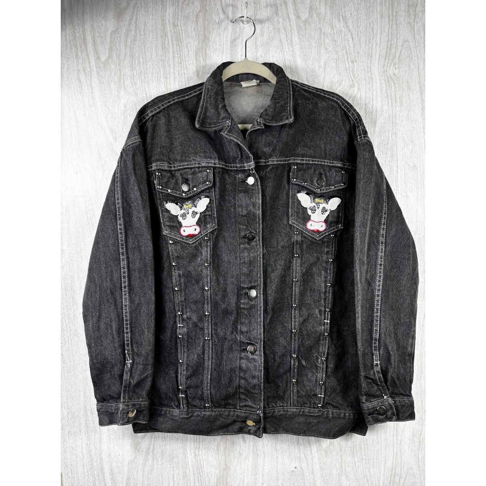 Vintage Sears Black Wash Denim Jacket Cow Print Rhinestone Western Women‎